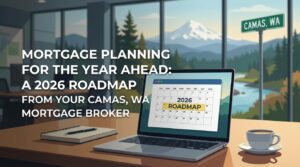 Laptop showing 2026 roadmap calendar on desk overlooking Mount Rainier and Camas WA sign - mortgage planning for the year ahead with coffee and notebook