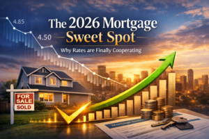Illustration showing “2026 Mortgage Sweet Spot” with downward-trending interest rate arrows and home graphic.