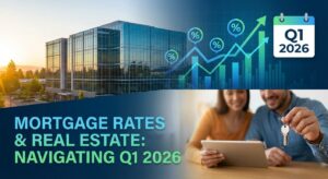 Homebuyer reviewing mortgage rate trends for Q1 2026 on a tablet with graph